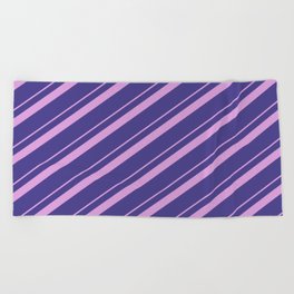 [ Thumbnail: Plum and Dark Slate Blue Colored Pattern of Stripes Beach Towel ]