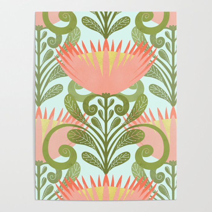 King Protea Flower Pattern - Turquoise Poster