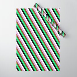 [ Thumbnail: Eye-catching Plum, Brown, Green, Black & White Colored Lines/Stripes Pattern Wrapping Paper ]