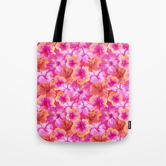 Tropical hibiscus flowers flower floral pattern on pink Tote Bag