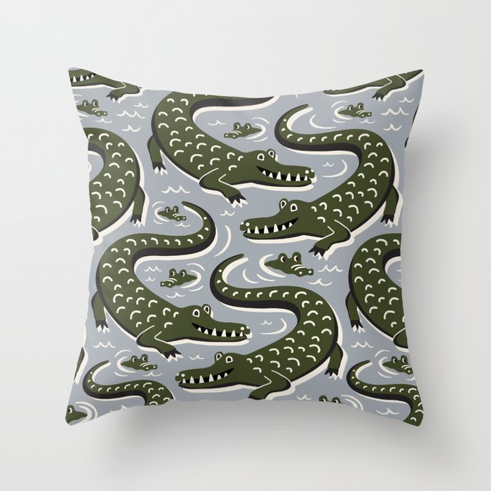 Alligator - Down In The Bayou - Grey Throw Pillow by Heather