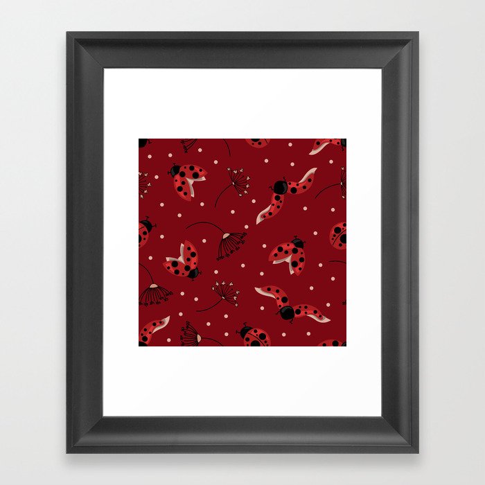 Seamless pattern with ladybugs and dried flowers on a burgundy background Framed Art Print