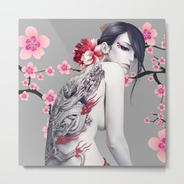 Classic style Asian female with a dragon tattoo and flowers on her back. Metal Print