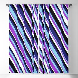[ Thumbnail: Vibrant Midnight Blue, Sky Blue, Dark Orchid, Mint Cream, and Black Colored Lined/Striped Pattern Blackout Curtain ]