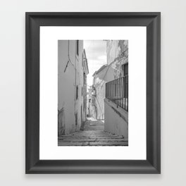 Vintage black and white street alley in Alfama Lisbon Portugal - summer travel photography Framed Art Print