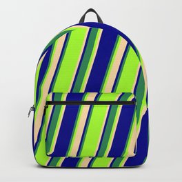 [ Thumbnail: Light Green, Tan, Dark Blue & Sea Green Colored Striped Pattern Backpack ]