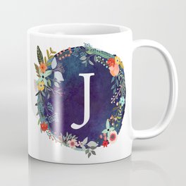 Personalized Monogram Initial Letter J Floral Wreath Artwork Coffee Mug