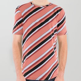 [ Thumbnail: Lavender, Brown, Salmon & Black Colored Lines Pattern All Over Graphic Tee ]
