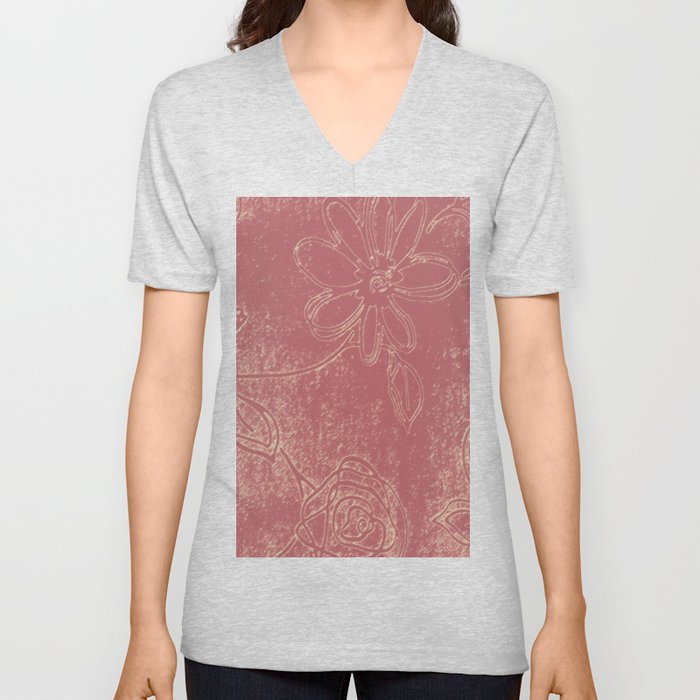 Light pink abstract design vintage velvet look with flowers V Neck T Shirt