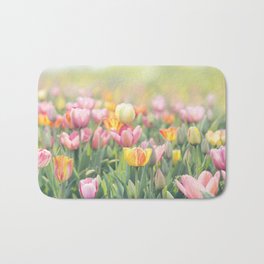 Tulip flowers meadow, selective focus. Spring nature background Bath Mat | Floral, Bloom, Colorful, Yellow, Leaf, Nature, Background, Pink, Spring, Decorative 