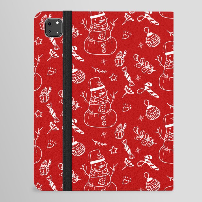 Red and White Christmas Snowman Doodle Pattern iPad Folio Case