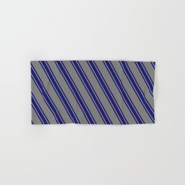 [ Thumbnail: Gray & Midnight Blue Colored Lined Pattern Hand & Bath Towel ]