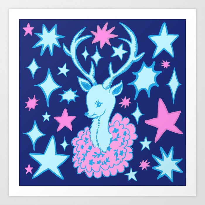 Retro Cute Deer, Navy Blue and Pink Art Print