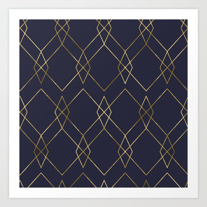 Gold Geometric Navy Blue Art Print