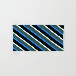 [ Thumbnail: Light Cyan, Dark Slate Gray, Blue & Black Colored Lines Pattern Hand & Bath Towel ]