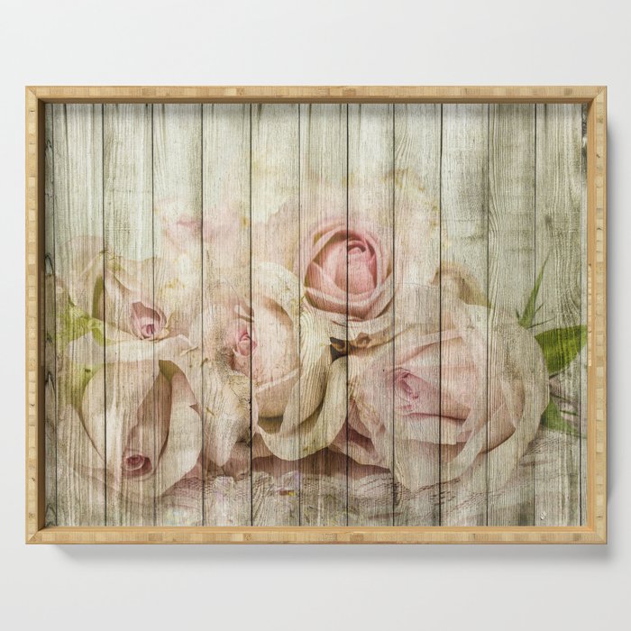 Shabby Chic Country Floral Rose Wood Serving Tray