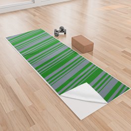 [ Thumbnail: Light Slate Gray and Green Colored Lined Pattern Yoga Towel ]