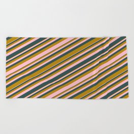 [ Thumbnail: Pink, Dark Slate Gray, and Dark Goldenrod Colored Lines Pattern Beach Towel ]