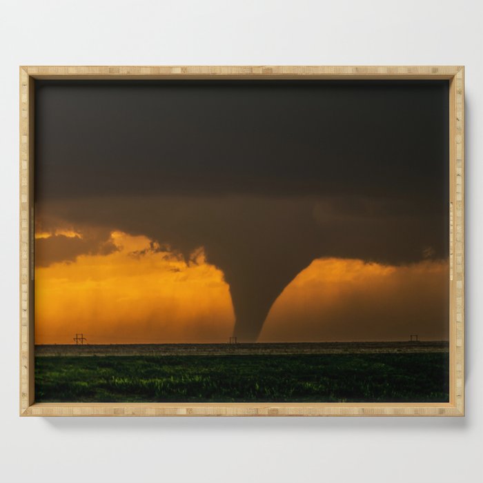 Silhouette - Large Tornado at Sunset in Kansas Serving Tray