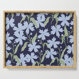 Night Garden of Blue Flowers and Green Leaves Serving Tray