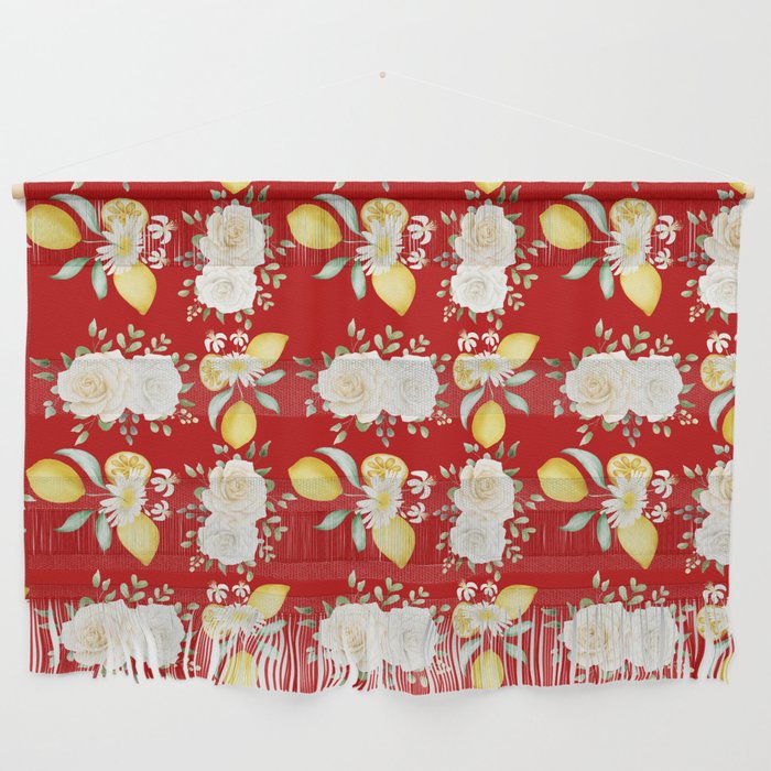 Lemons and White Flowers Pattern On Red Background Wall Hanging