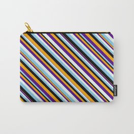 [ Thumbnail: Eye-catching Orange, Indigo, Mint Cream, Sky Blue, and Black Colored Stripes Pattern Carry-All Pouch ]