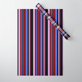 [ Thumbnail: Royal Blue, Maroon, Plum, and Black Colored Striped/Lined Pattern Wrapping Paper ]
