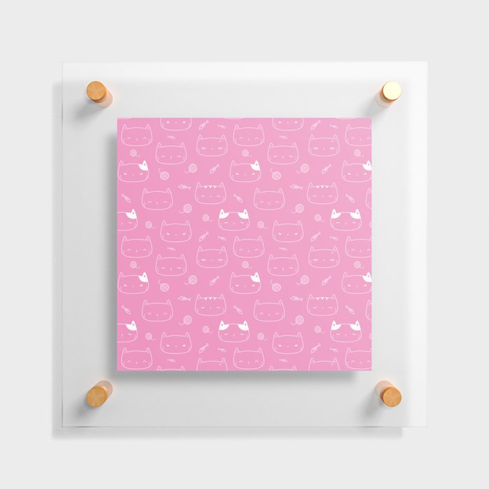 Pink and White Doodle Kitten Faces Pattern Floating Acrylic Print