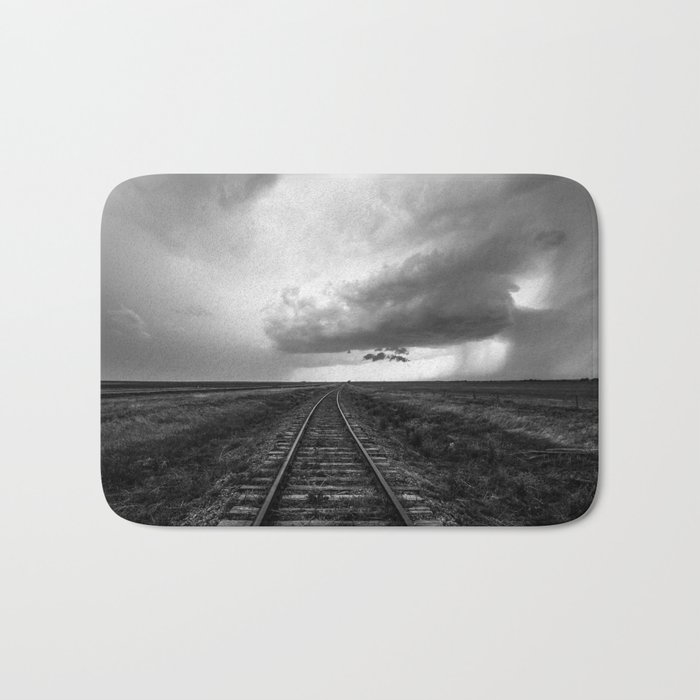 A Dreamer's Journey - Railroad Tracks and Storm in Black and White Bath Mat