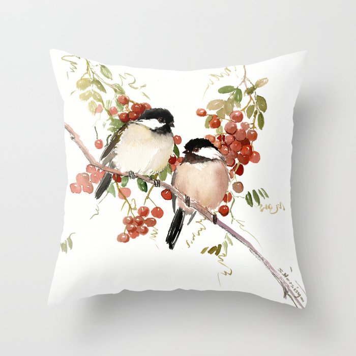 Chickadee Bird Vintage Bird Artwork, two birds, chickadees woodland design Throw Pillow