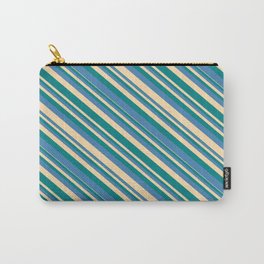 [ Thumbnail: Tan, Teal & Blue Colored Lines/Stripes Pattern Carry-All Pouch ]