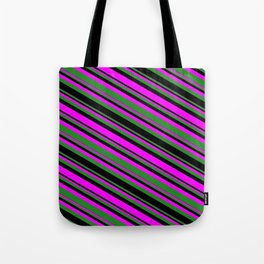 [ Thumbnail: Fuchsia, Forest Green & Black Colored Lines/Stripes Pattern Tote Bag ]