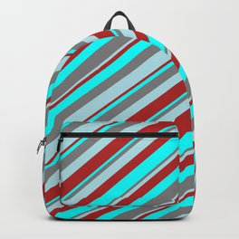 [ Thumbnail: Gray, Powder Blue, Red & Cyan Colored Stripes Pattern Backpack ]