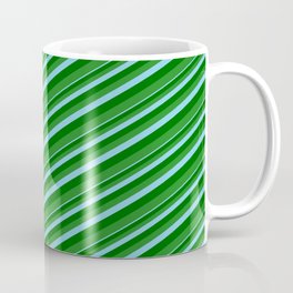 [ Thumbnail: Sky Blue, Dark Green, and Forest Green Colored Lined Pattern Coffee Mug ]