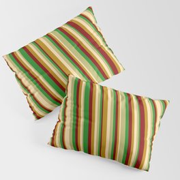 [ Thumbnail: Eye-catching Forest Green, Dark Khaki, Tan, Dark Goldenrod & Maroon Colored Stripes Pattern Pillow Sham ]