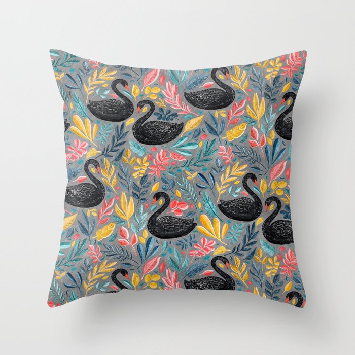 Bonny Black Swans with Lots of Leaves on Grey Throw Pillow