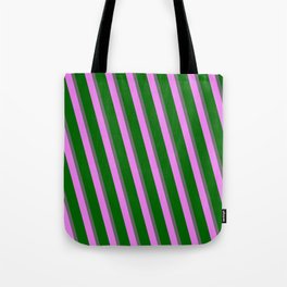 [ Thumbnail: Dim Grey, Violet, and Dark Green Colored Lines Pattern Tote Bag ]