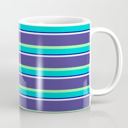 [ Thumbnail: Lavender, Dark Slate Blue, Green, Dark Turquoise & Dark Blue Colored Striped Pattern Coffee Mug ]