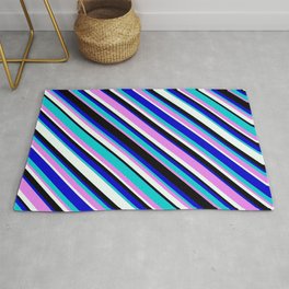 [ Thumbnail: Eyecatching Blue, Dark Turquoise, Violet, Mint Cream, and Black Colored Stripes Pattern Rug ]