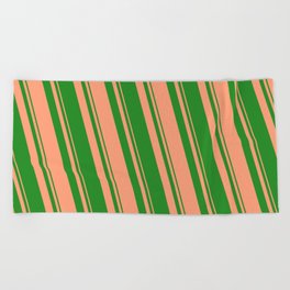 [ Thumbnail: Forest Green & Light Salmon Colored Lined/Striped Pattern Beach Towel ]