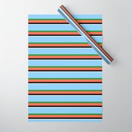 [ Thumbnail: Light Sky Blue, Forest Green, Red, Black, and White Colored Striped/Lined Pattern Wrapping Paper ]