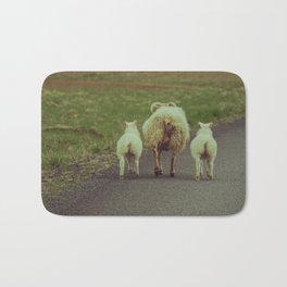 Icelandic sheep walking on the road | Fluffy wildlife Bath Mat | Family, Farmhouse, Color, Icelandic, Sheep, Three, Farm, Animal, Woolly, Iceland 