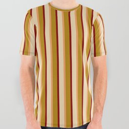 [ Thumbnail: Tan, Dark Red, Dark Goldenrod, and Brown Colored Lines/Stripes Pattern All Over Graphic Tee ]