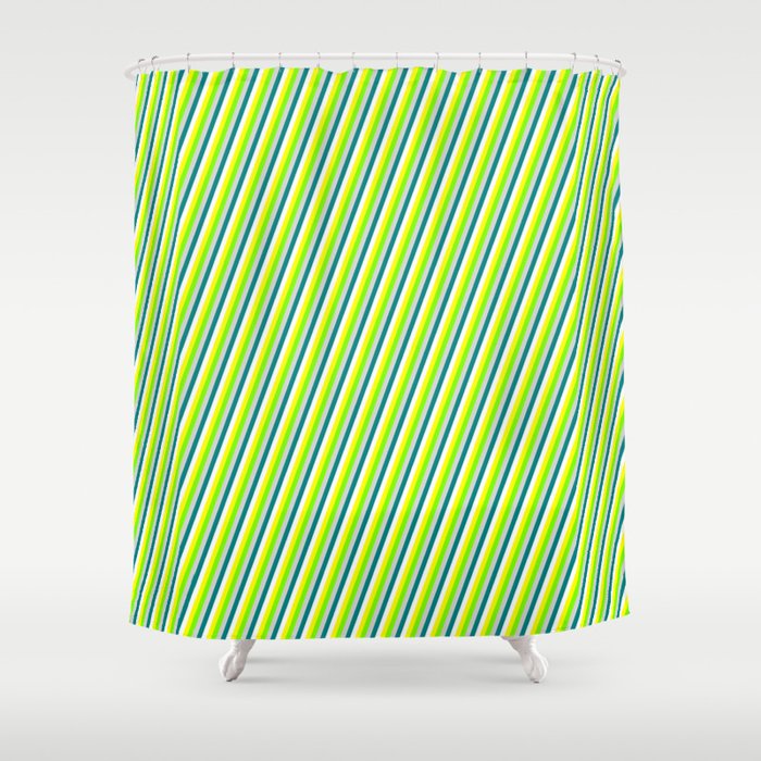 Colorful White, Yellow, Green, Light Grey & Teal Colored Lines/Stripes Pattern Shower Curtain