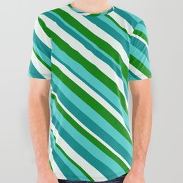 [ Thumbnail: Turquoise, Dark Cyan, Mint Cream, and Green Colored Lined Pattern All Over Graphic Tee ]