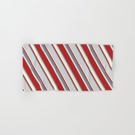 [ Thumbnail: Red, Light Slate Gray, Light Grey & Beige Colored Pattern of Stripes Hand & Bath Towel ]