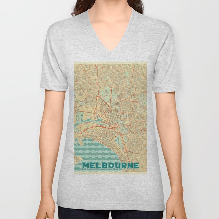 Melbourne Map Retro V Neck T Shirt