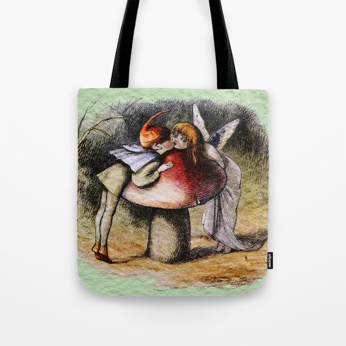 Elf and Fairy Kissing on a Mushroom  Tote Bag