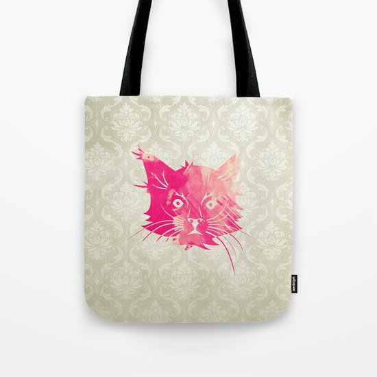 Pink Watercolor Cat Vector Vintage Floral Damask Tote Bag