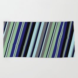 [ Thumbnail: Powder Blue, Dim Gray, Dark Sea Green, Midnight Blue, and Black Colored Lines/Stripes Pattern Beach Towel ]